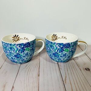 Lilly Pulitzer Blue Gold Tea Coffee Mugs Set Cups New in Box!